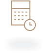 An illustration featuring a calculator and a clock above a dark oval shape. The calculator is depicted with simple lines, while the clock is represented with circular outlines, suggesting themes of time management or calculations.