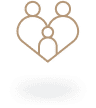 A graphic design featuring three stylized figures inside a heart shape, symbolizing family or unity. Below the heart shape is a dark oval base. The overall color scheme is simple, using light and dark tones.