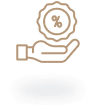 An outline of a hand holding a circular badge with a percentage symbol inside it. The design is minimalist and uses neutral colors, highlighting the concept of discounts or promotional offers.