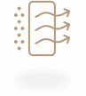 An illustration of a rectangular filter with dots on the left side, indicating particles being filtered, and arrows on the right side, showing the direction of clean air flow. The background is dark, highlighting the filter and airflow representation.