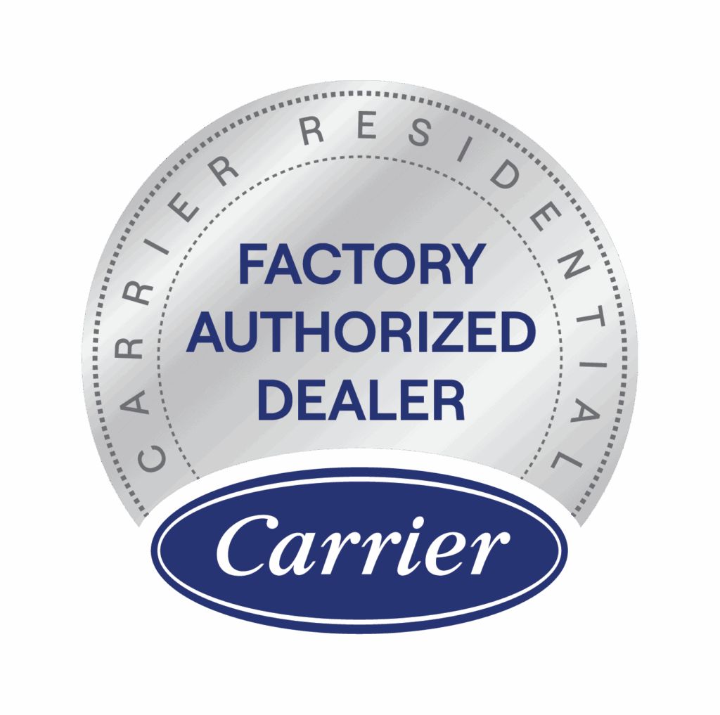 A silver circular emblem featuring the text "FACTORY AUTHORIZED DEALER" in blue, surrounded by the words "CARRIER RESIDENTIAL". The bottom section includes the brand name "Carrier" within a blue oval, indicating a certification for HVAC services.