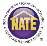 Logo of North American Technician Excellence (NATE) featuring the acronym "NATE" in yellow, a house icon above it, and the text "North American Technician Excellence" and "Certifying the Finest in HVACR" in a circular design.