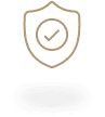 An outline of a shield with a check mark inside, set against a simple dark oval base. The shield design is in a light color, representing security and trust.