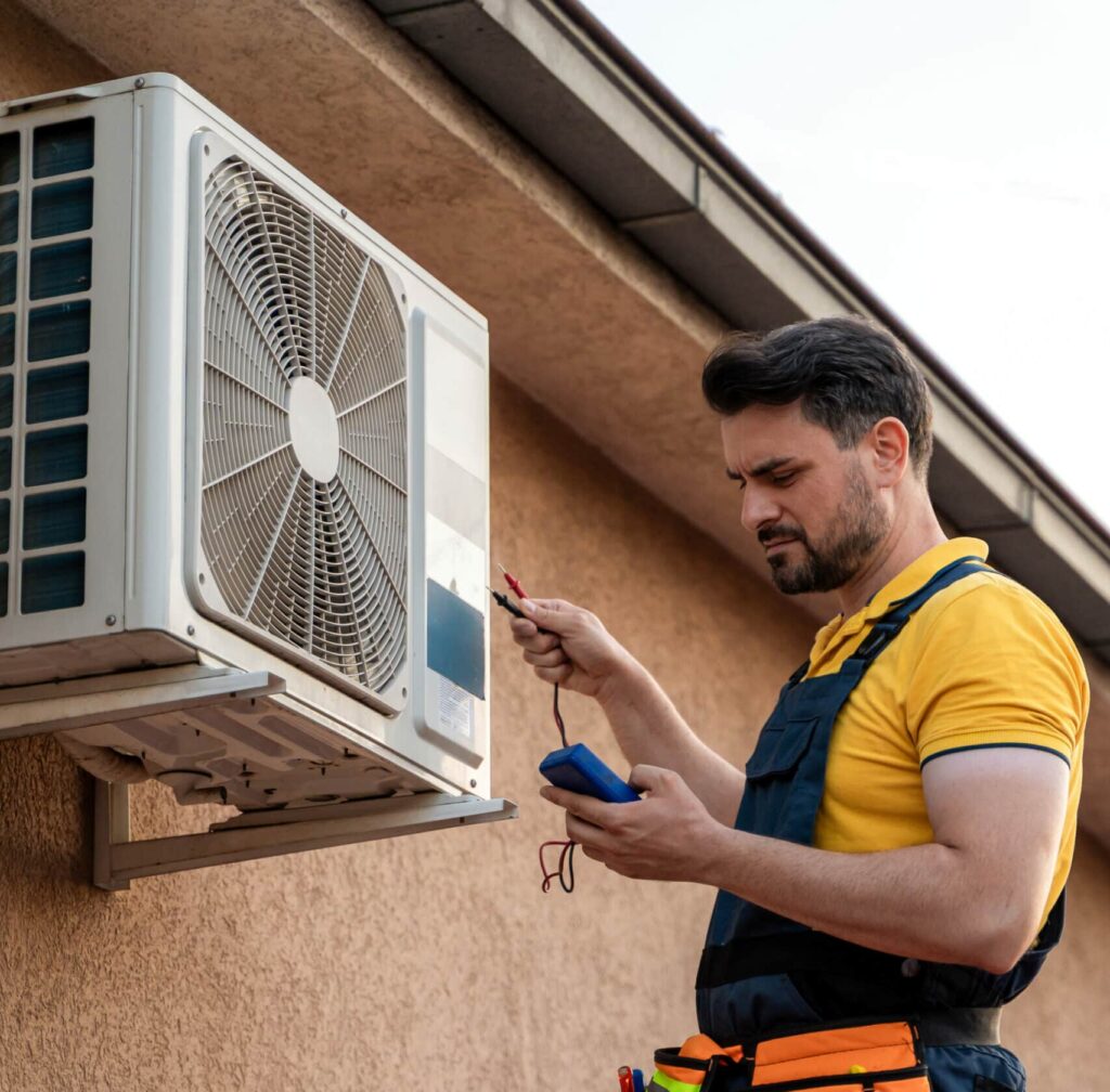 A technician in a yellow shirt and blue overalls is using a multimeter to check an air conditioning unit mounted on the wall. The technician is focused, standing beside the unit as sunlight shines on the scene.