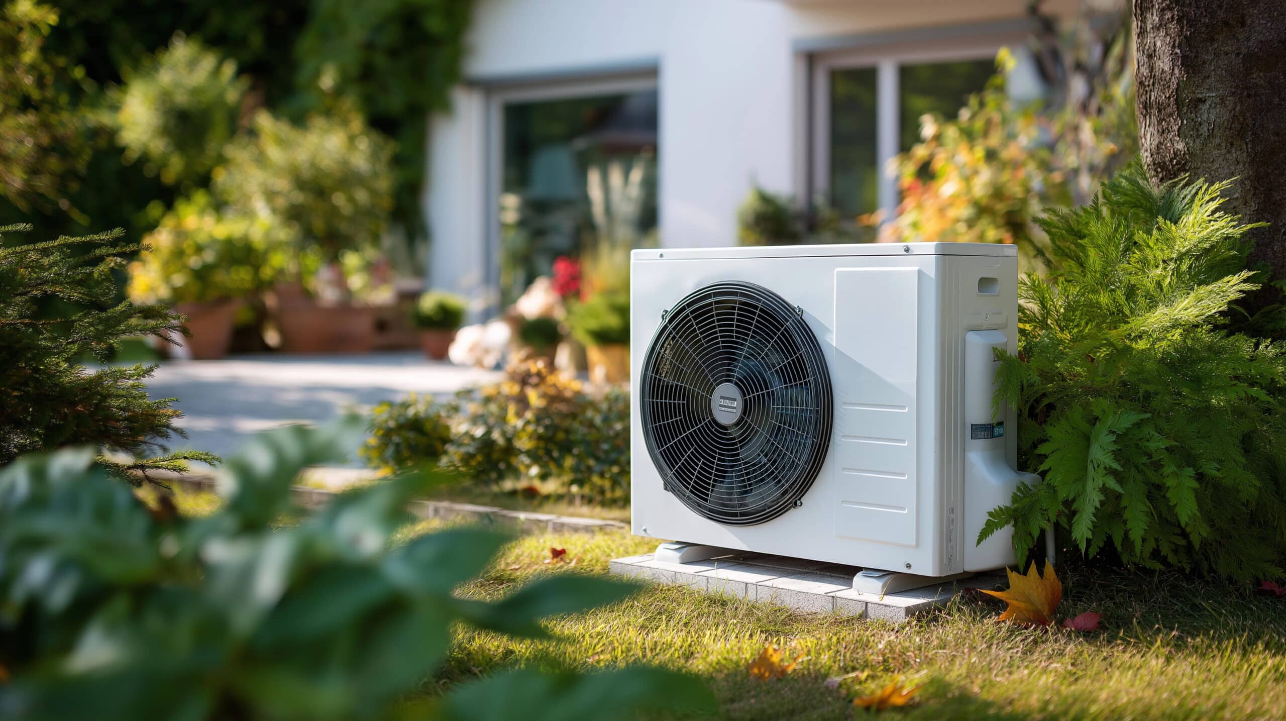 An outdoor air conditioning unit positioned in a landscaped garden. The unit features a circular fan and is set on a concrete base surrounded by green plants and foliage, with a residential building partially visible in the background.