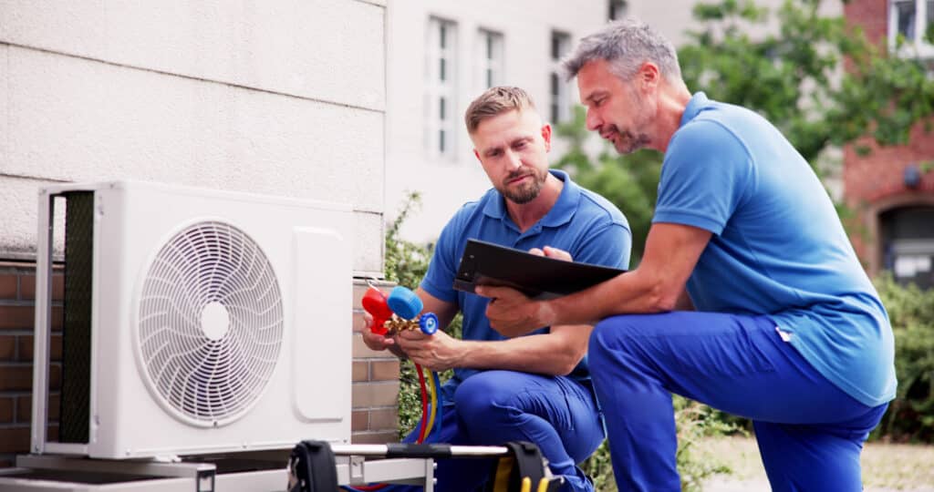 Two technicians inspecting an outdoor air conditioning unit. One technician holds a set of gauges and wrenches, while the other reviews notes on a clipboard. Both wear blue work uniforms and are focused on their tasks in a green outdoor setting.