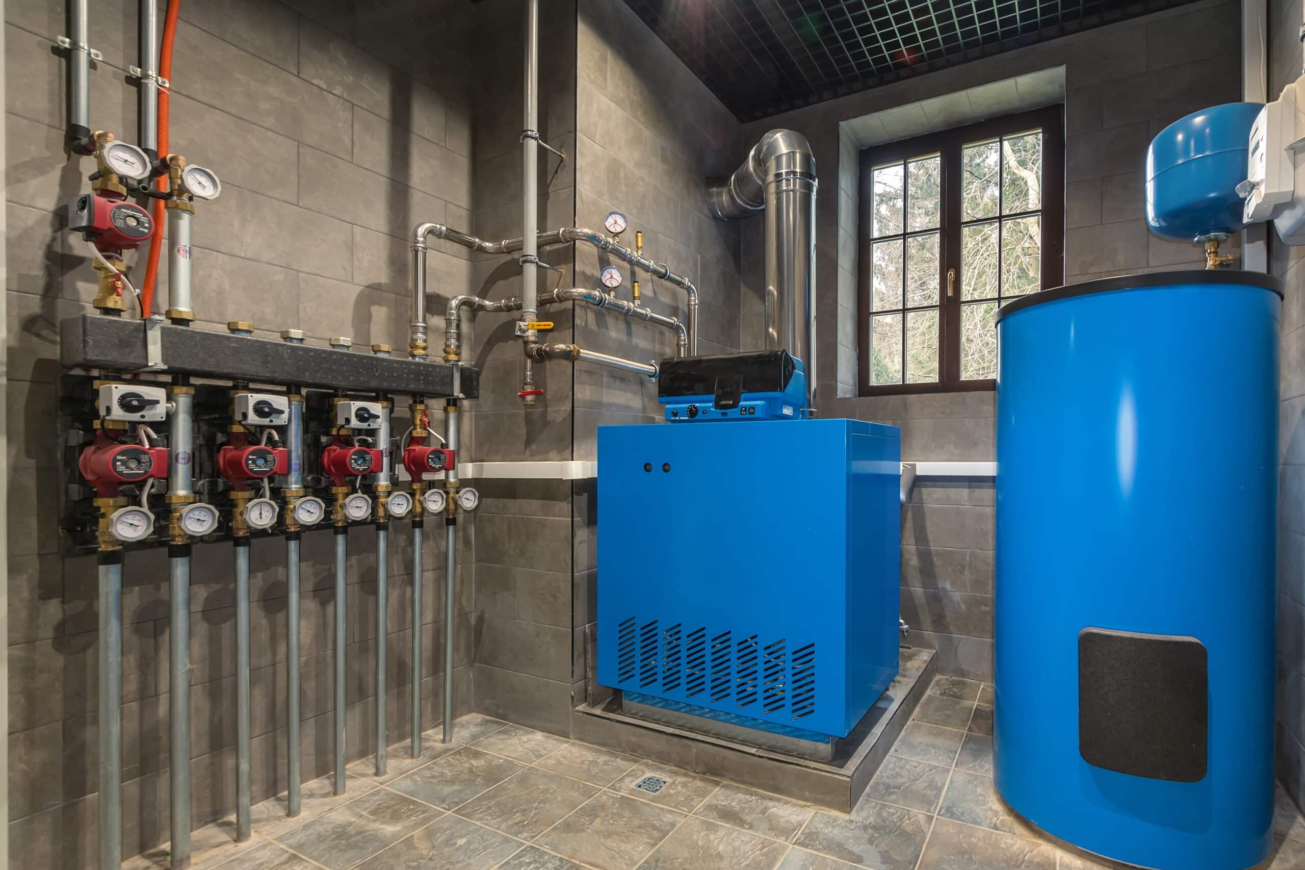 A mechanical room featuring a blue heating unit and a large blue water tank. The walls are gray tiles, and there are several red valves and pipes on the left side. A window can be seen in the background, allowing natural light into the space.
