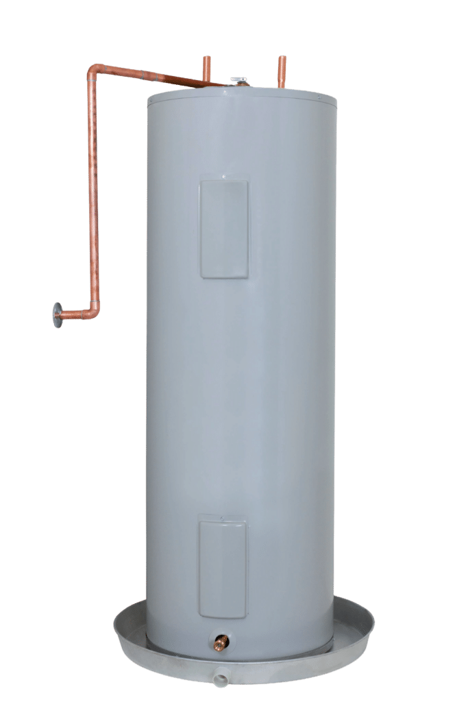 A cylindrical gray water heater with a copper pipe extending from the top. The heater features two rectangular panels on the front for access. It stands on a circular base, emphasizing its vertical design.